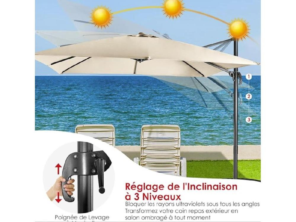 Vente Unique Parasol Déporté Inclinable 3x3M Avec Base Croisée Rotatif à 360° Manivelle 8 Baleines Event Pour Jardin Terrasse H273 Cm （Beige)
