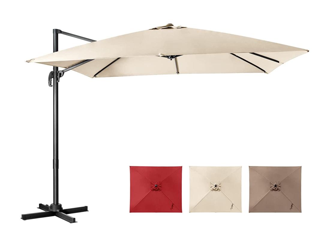 Vente Unique Parasol Déporté Inclinable 3x3M Avec Base Croisée Rotatif à 360° Manivelle 8 Baleines Event Pour Jardin Terrasse H273 Cm （Beige)