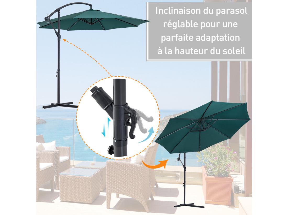 Vente Unique Parasol Déporté Octogonal Inclinable Manivelle Pied Acier Ø 3 X 2 5H M Vert