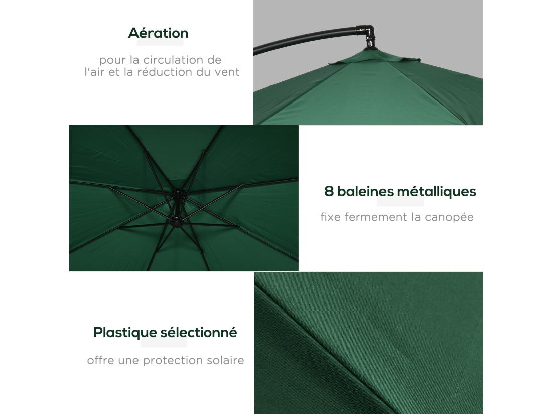 Vente Unique Parasol Déporté Octogonal Inclinable Pivotant Manivelle Moustiquaire Pied Acier Ø 2 95 X 2 42H M Vert