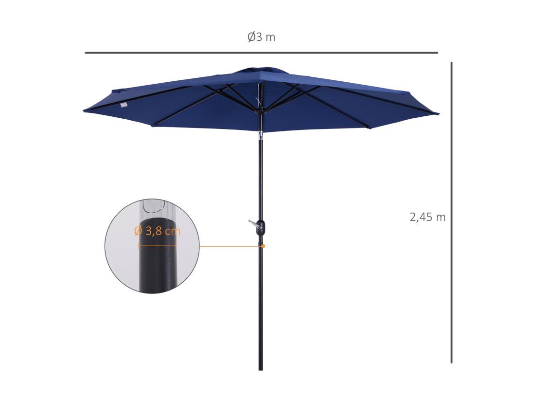 Vente Unique Parasol En Métal Rond Polyester 180g/m² Manivelle Inclinable Ø 3 X 2 45 M Bleu