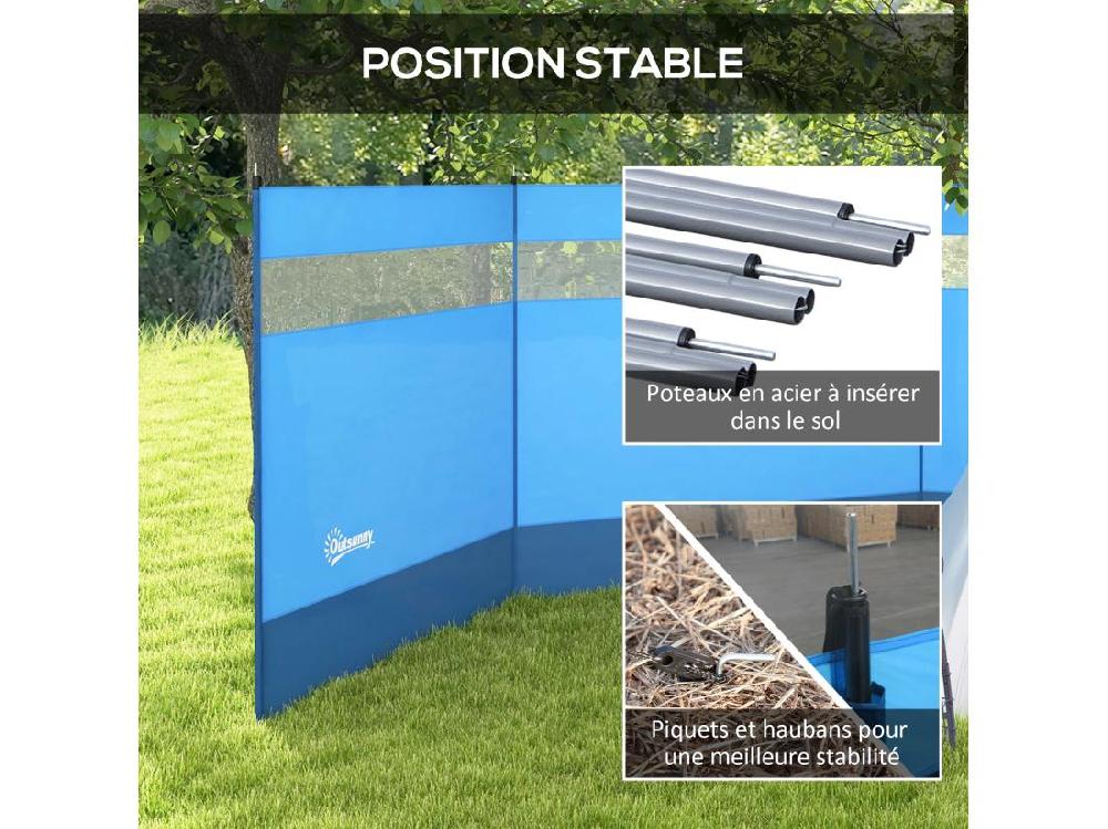 Vente Unique Paravent Brise-vue Camping Plage Portable Pliable Avec Sac De Transport Et Poteaux Acier Dim. 440L X 140H Cm Bleu