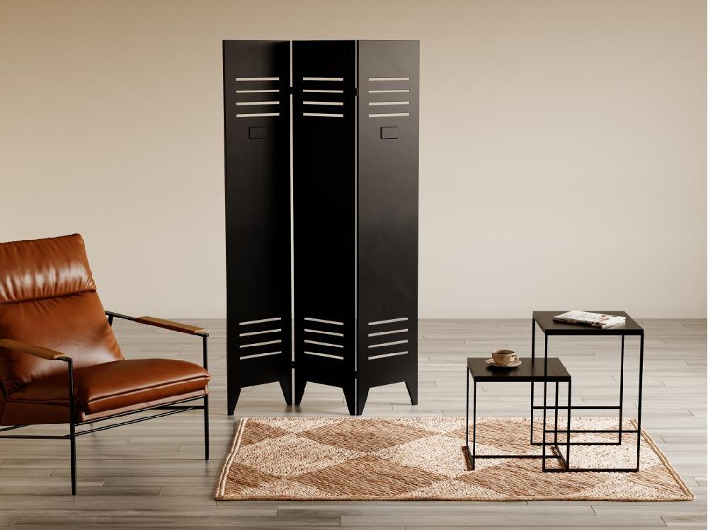 vente unique Paravent industriel porte de casier en métal 3 pans - L. 107 x H. 178 cm - Noir - CASILY