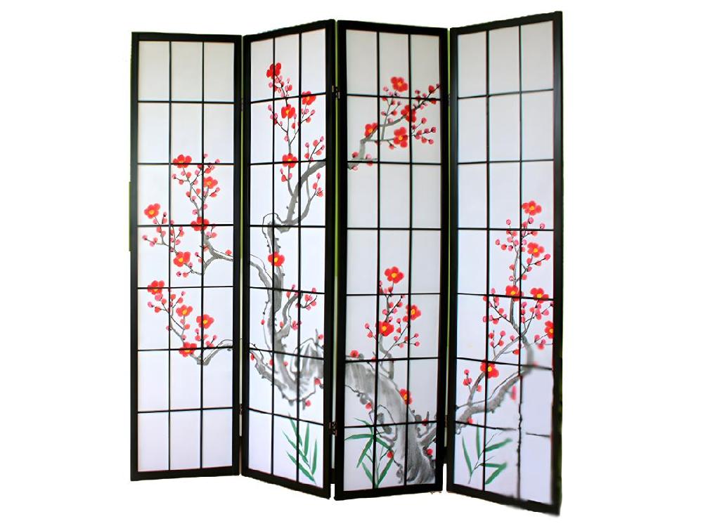 Vente Unique Paravent Japonais Fleur De Cerisier En Bois Noir De 4 Pans L176 X H175 X P2 Cm