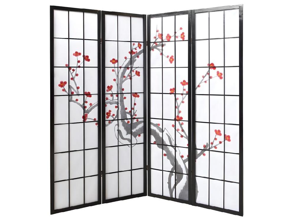 Vente Unique Paravent Japonais Fleur De Cerisier En Bois Noir De 4 Pans L176 X H175 X P2 Cm
