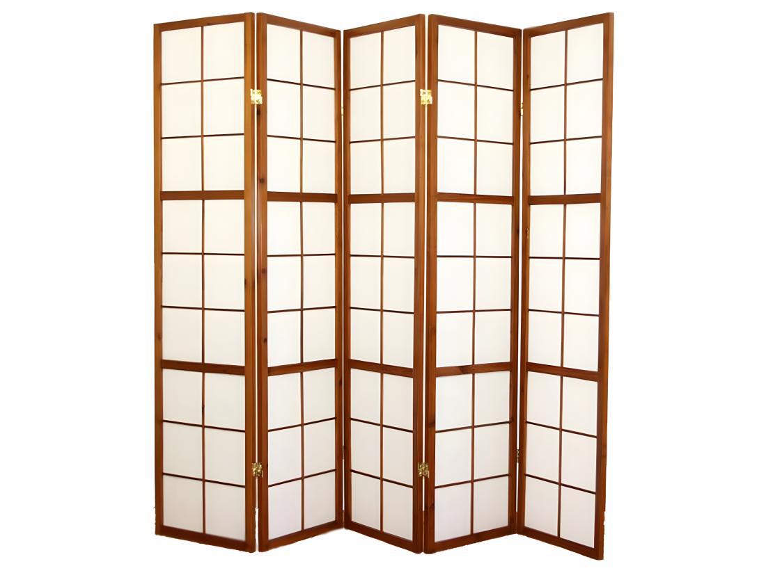 vente unique Paravent japonais Shoji en bois brun de 5 pans L220 x H175 x P2 cm