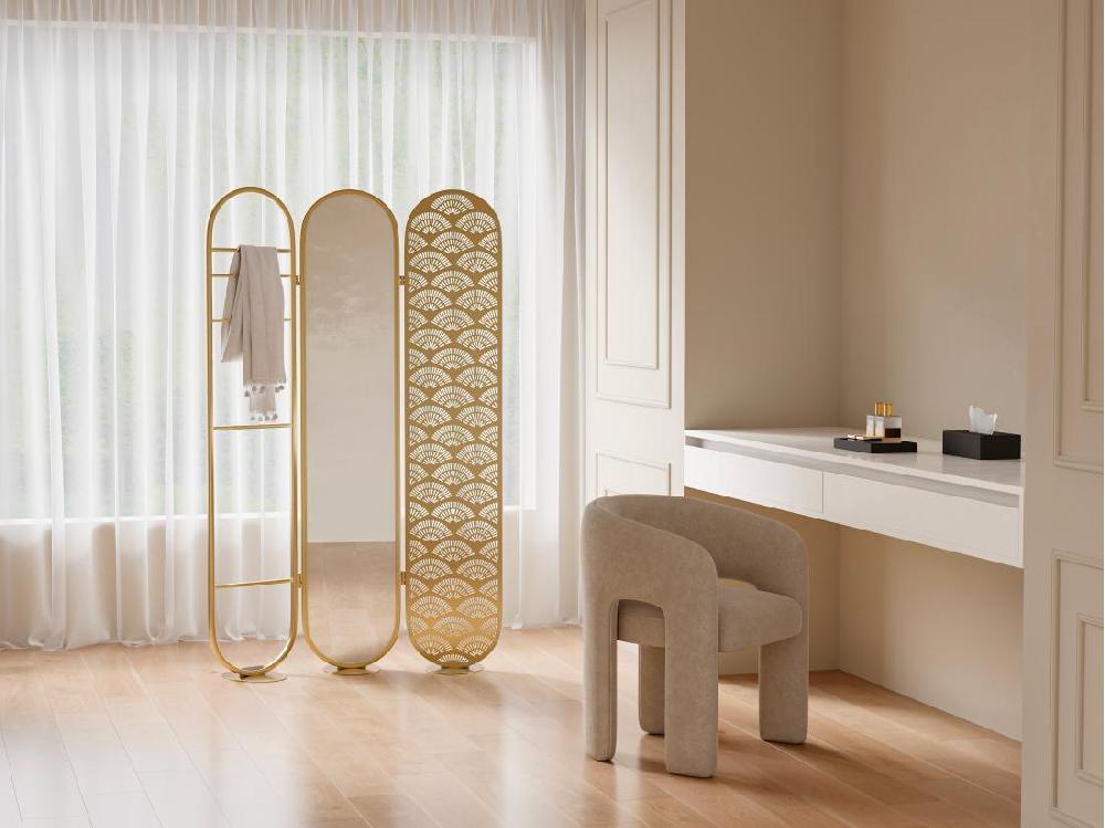 vente unique Paravent miroir art déco en métal - 3 pans - L. 117 x H. 175cm - Doré - MAVICA