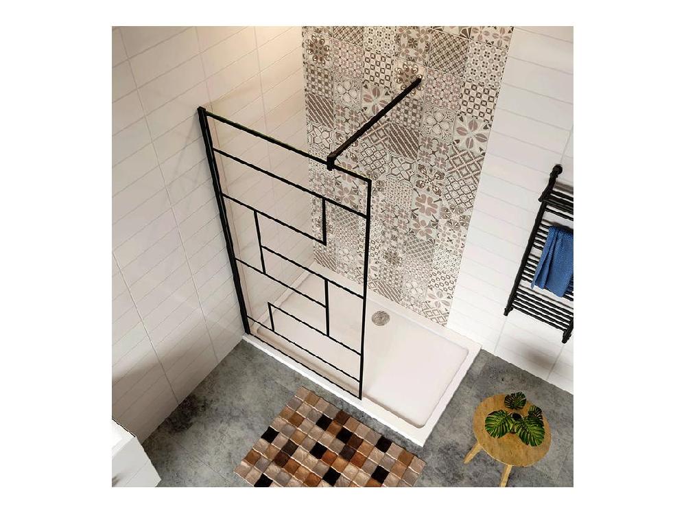 Vente Unique Paroi De Douche 140x200cm Fixe à L'italienne Avec Barre De Fixation Noire Carrée 90cm En 8mm Verre Anticalcaire Style Moderne