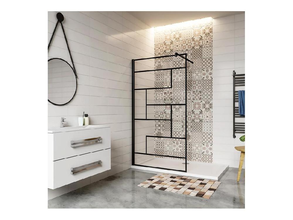 vente unique Paroi de douche 140x200cm fixe à l'italienne avec barre de fixation noire carrée 90cm en 8mm verre anticalcaire style moderne