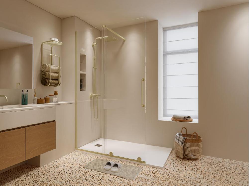 vente unique Paroi de douche à l'italienne avec porte coulissante en métal style industriel - Doré - 120 x 200 cm - YOREM