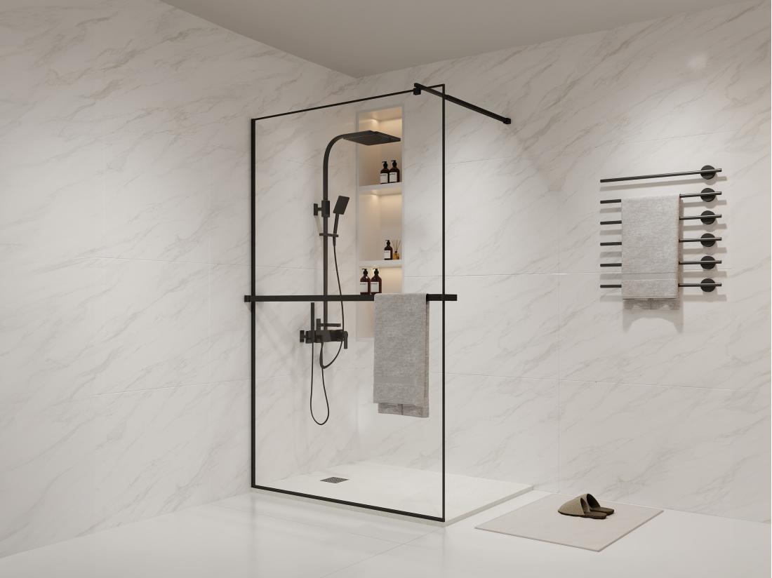 vente unique Paroi de douche à l'italienne avec porte-serviette et étagère - 120 x 200 cm - Noir mat - BONPERO