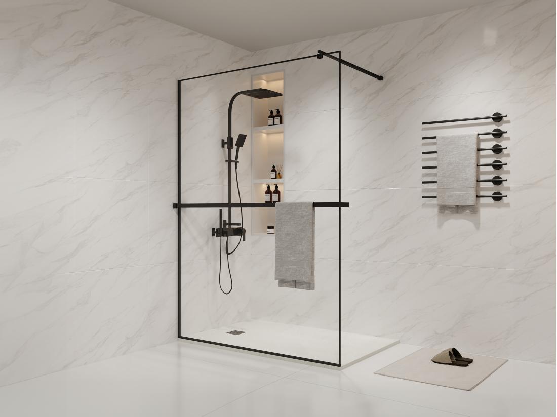 vente unique Paroi de douche à l'italienne avec porte-serviette et étagère - 140 x 200 cm - Noir mat - BONPERO