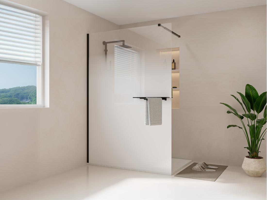 vente unique Paroi de douche à l'italienne brume avec porte serviette et étagères - 140 x 200 cm - Noir mat - POMARO
