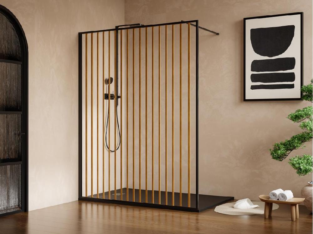 vente unique Paroi de douche à l'italienne en aluminium - Effet bois et noir mat - 140 x 200 cm - TOPEKA