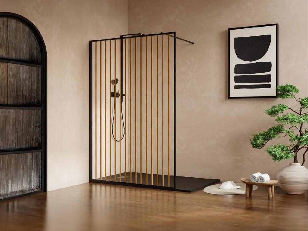 vente unique Paroi de douche à l'italienne en aluminium - Effet bois et noir mat - 120 x 200 cm - TOPEKA