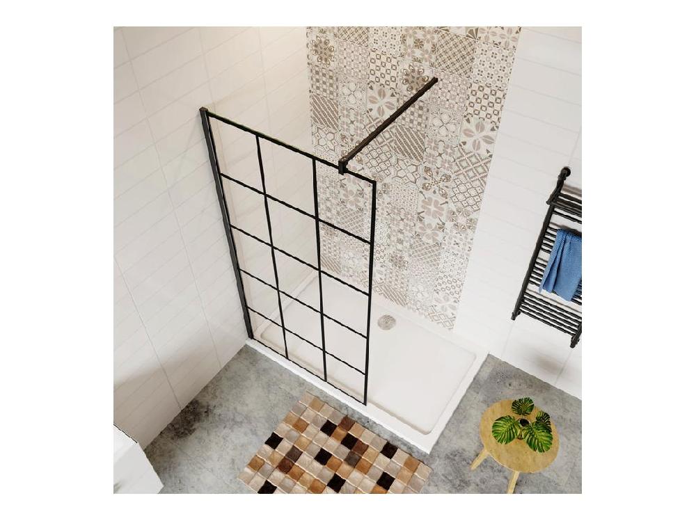 vente unique Paroi de douche fixe à l'italienne 120x200cm avec barre de fixation 90cm en carré - Noir - 8mm verre coloré et anticalcaire