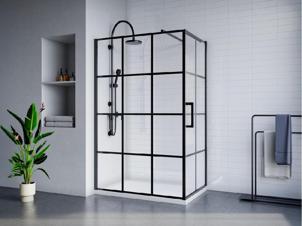 vente unique Paroi de douche fixe avec porte pivotante serigraphiée noir mat - 120 x 80 x 190 cm - CAPARICA