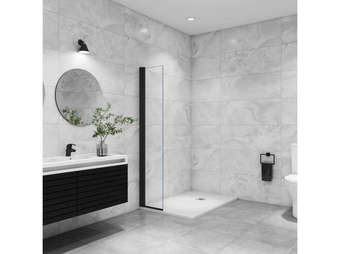 Vente Unique Paroi De Douche Italienne Pivotante 45x200cm Paroi De Douche Retour Pivotant Mural En Verre 8mm Anticalcaire Profilé Noir Mat