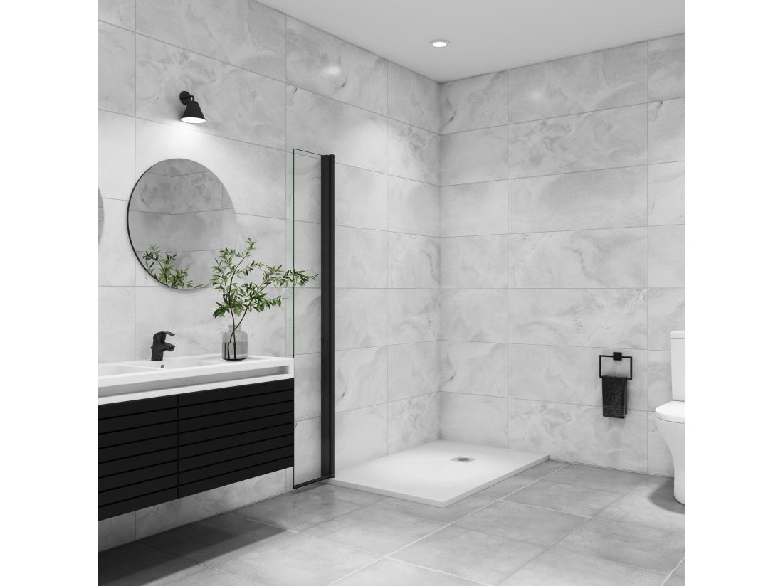 Vente Unique Paroi De Douche Italienne Pivotante 45x200cm Paroi De Douche Retour Pivotant Mural En Verre 8mm Anticalcaire Profilé Noir Mat