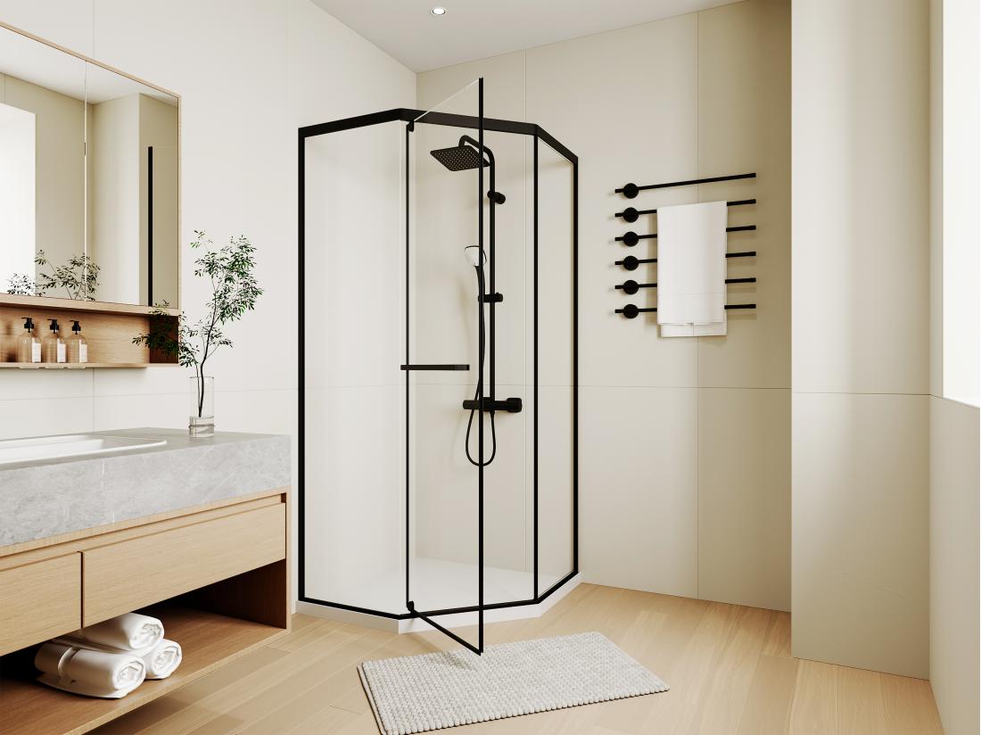 Vente Unique Paroi De Douche Pentagonale Avec Receveur - 90 X 90 X 195 Cm - Noir Mat - CRISTELIO