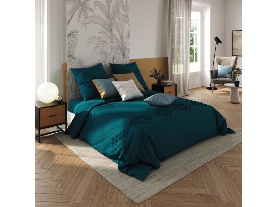 Vente Unique Parure De Lit 2 Personnes 240 X 220 Cm Housse De Couette Avec 2 Taies Coton Lavé Bleu Canard Tufté
