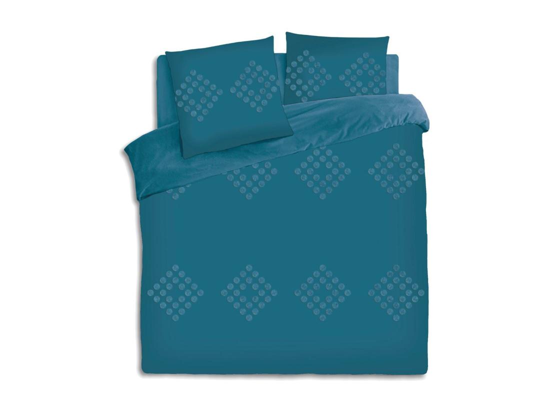 Vente Unique Parure De Lit 2 Personnes 240 X 220 Cm Housse De Couette Avec 2 Taies Coton Lavé Bleu Canard Tufté