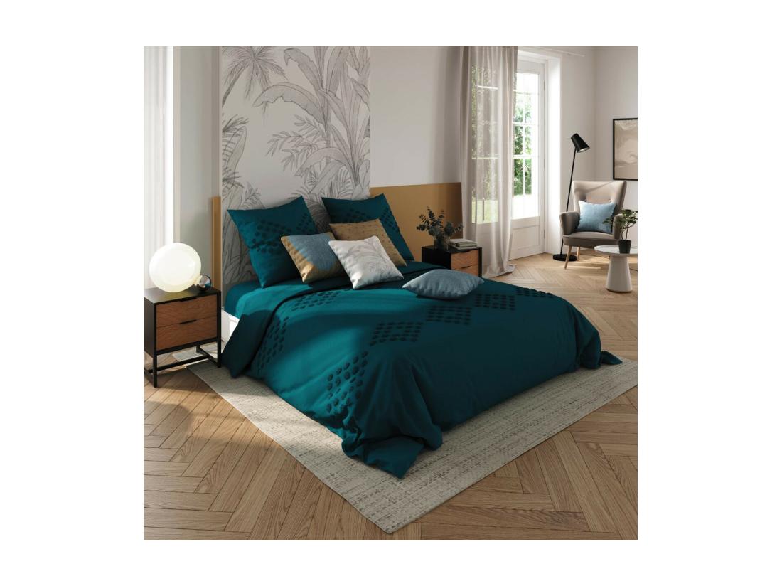 vente unique Parure de lit 2 Personnes 240 x 220 cm Housse de couette avec 2 taies Coton lavé Bleu Canard tufté