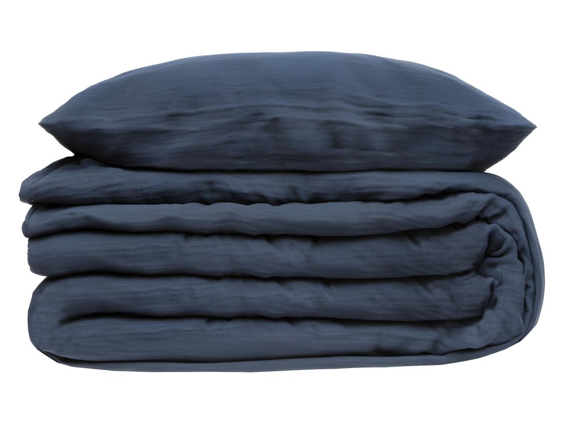 Vente Unique Parure De Lit 2 Personnes En Gaze De Coton Bleu Gris 260 X 240 Cm Housse De Couette Avec 2 Taies