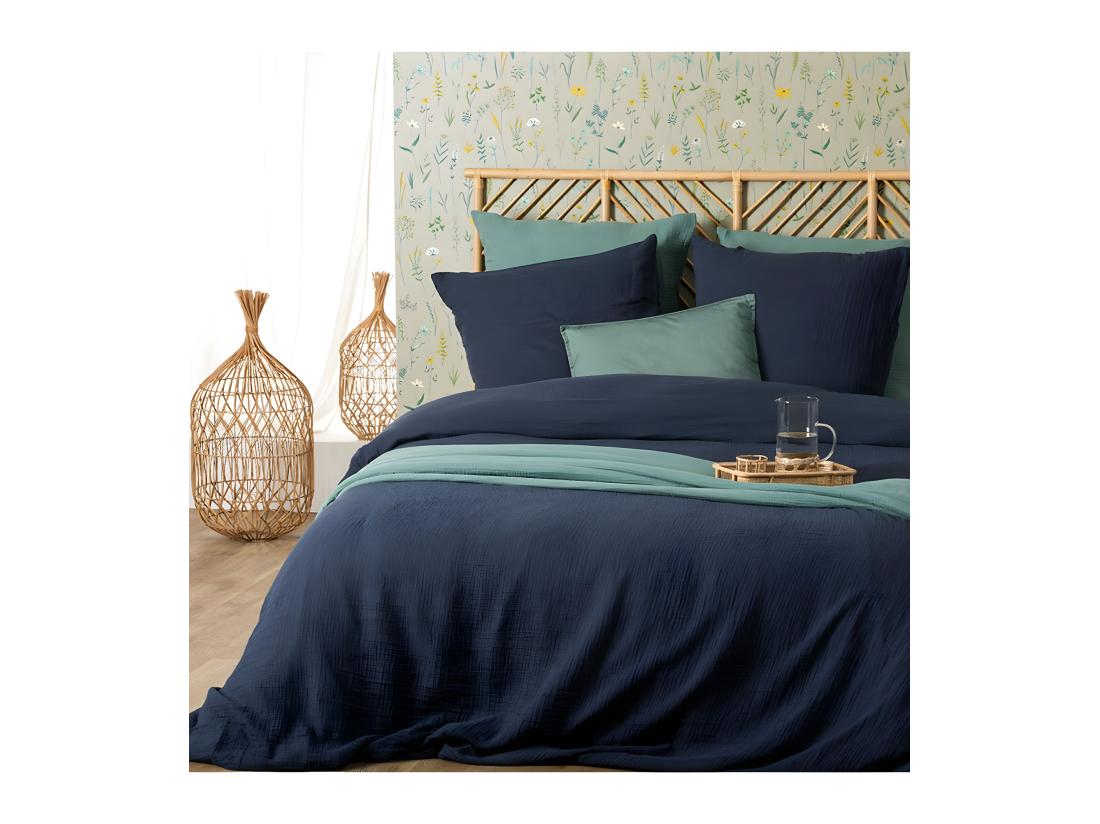 vente unique Parure de lit 2 Personnes en gaze de coton Bleu Gris 260 x 240 cm Housse de couette avec 2 taies
