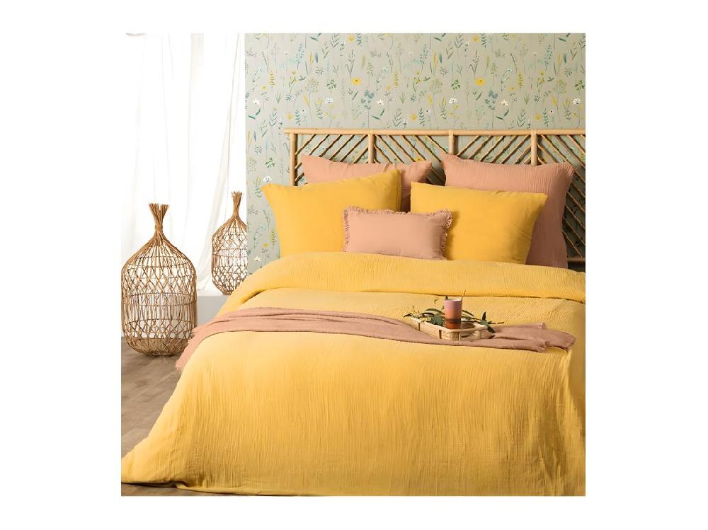 Vente Unique Parure De Lit 2 Personnes En Gaze De Coton Jaune Ocre 240 X 220 Cm Housse De Couette Avec 2 Taies