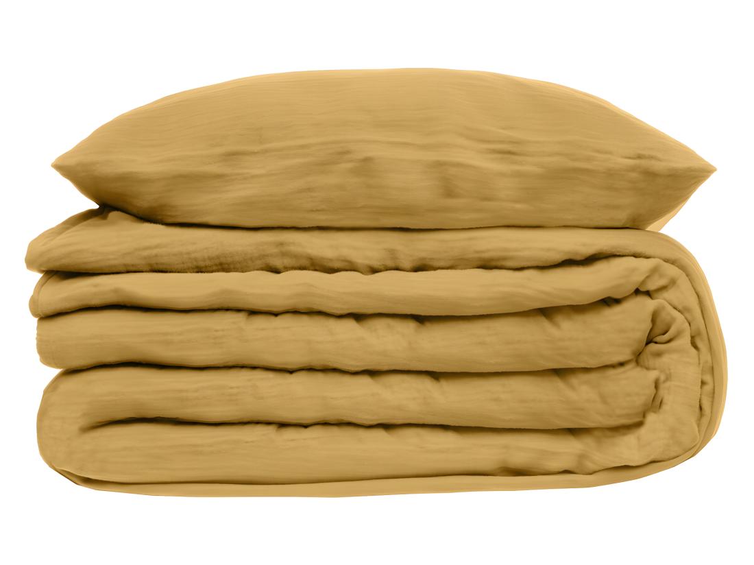 vente unique Parure de lit 2 Personnes en gaze de coton Jaune Ocre 240 x 220 cm Housse de couette avec 2 taies