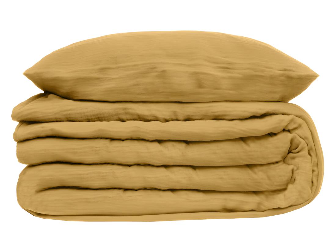 vente unique Parure de lit 2 Personnes en gaze de coton Jaune Ocre 260 x 240 cm Housse de couette avec 2 taies