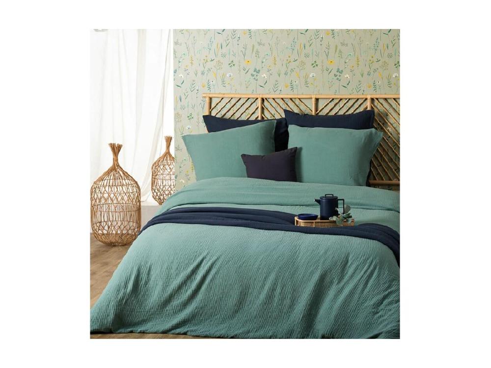 Vente Unique Parure De Lit 2 Personnes En Gaze De Coton Vert Céladon 240 X 220 Cm Housse De Couette Avec 2 Taies