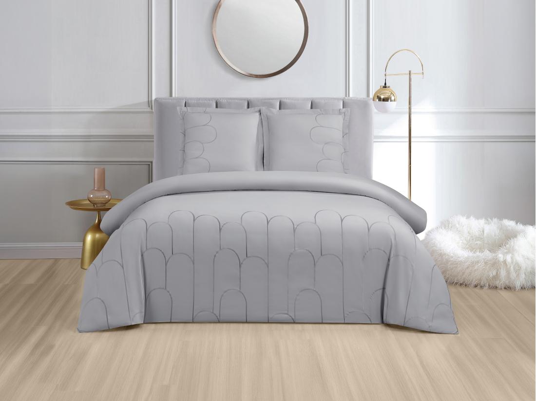 vente unique Parure de lit brodée en satin 100% coton 120 fils/cm² - Housse de couette 240 x 260 cm + 2 taies d'oreiller 65 x 65 cm - Gris - RIVANA de PALACIO