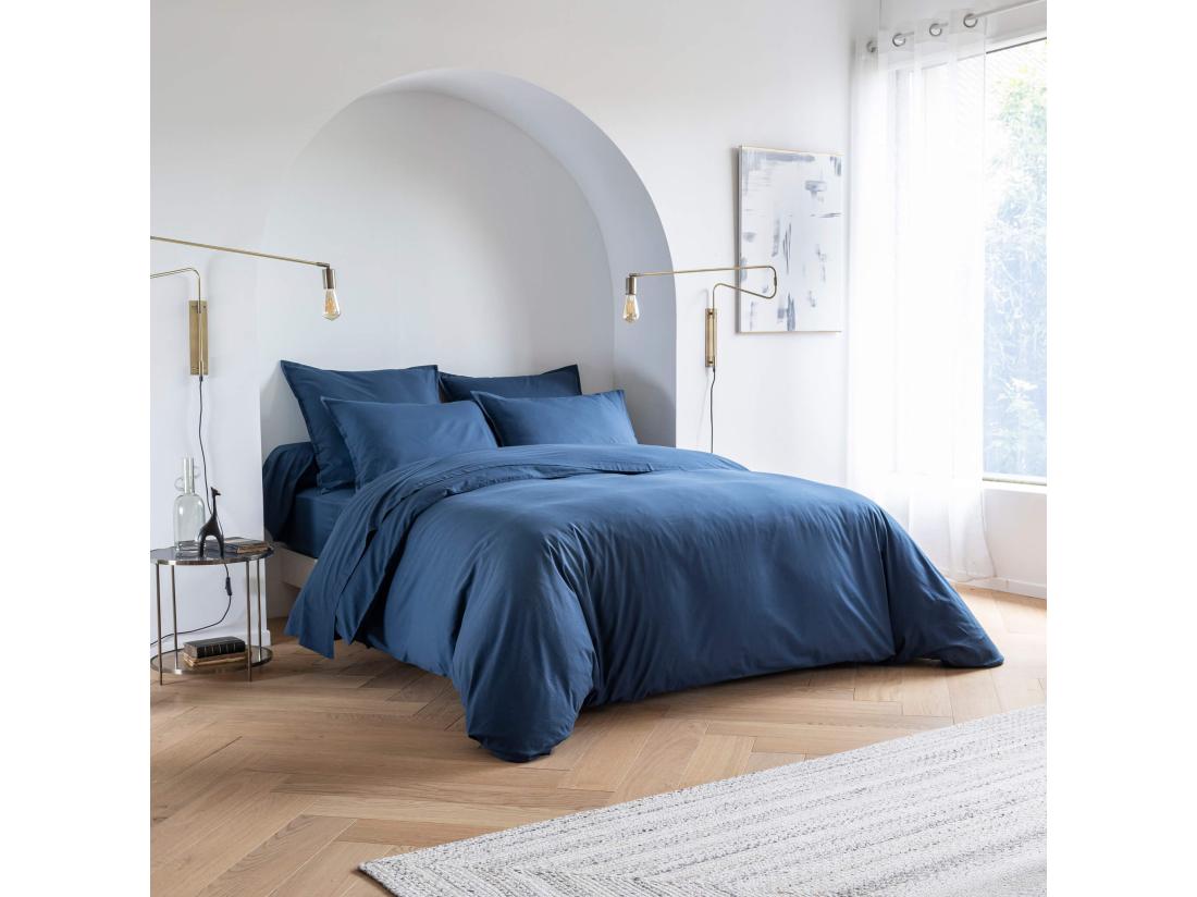 Vente Unique Parure De Lit Coton Lavé - SOMEO Bleu Marine 140x200 - CELESTE