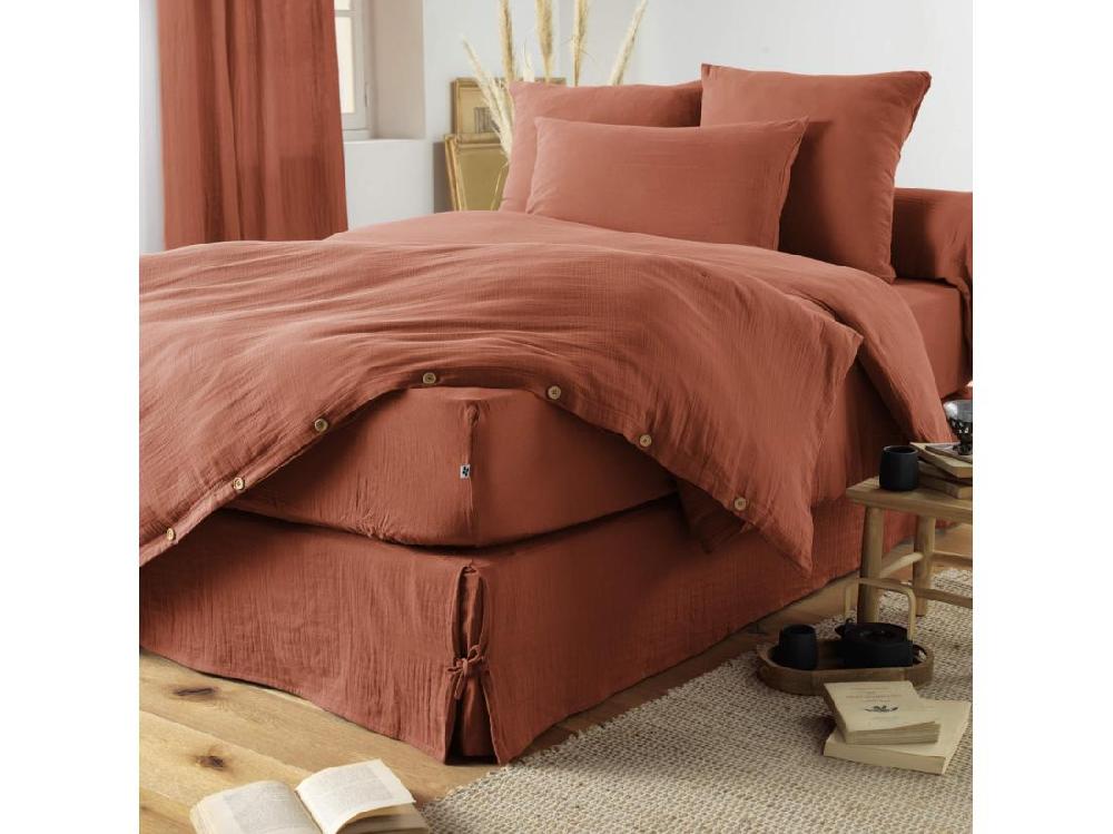 Vente Unique Parure De Lit Double Gaze De Coton Orange Terracotta 260x240 Cm