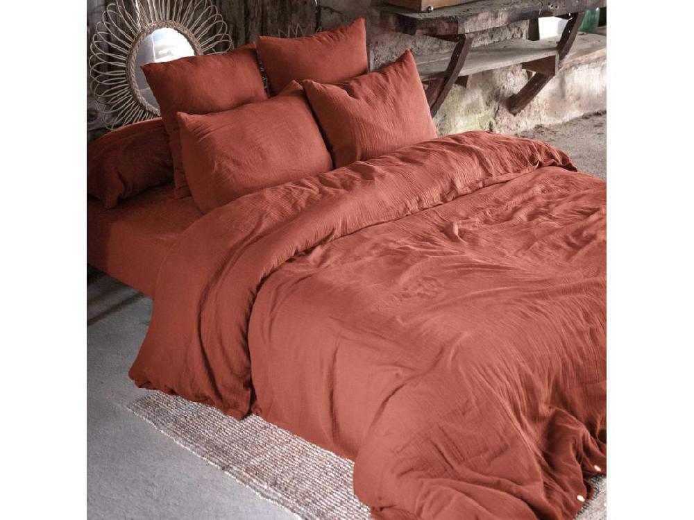 vente unique Parure de lit double gaze de coton orange terracotta 260x240 cm