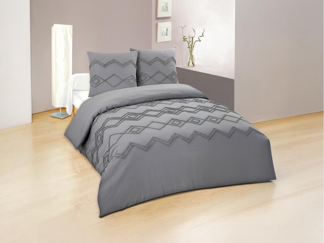 vente unique Parure de lit en coton 57 fils/cm² - Housse de couette 240 x 260 cm + 2 taies d'oreiller 63 x 63 cm- Gris à motifs tuftés - IZAURA