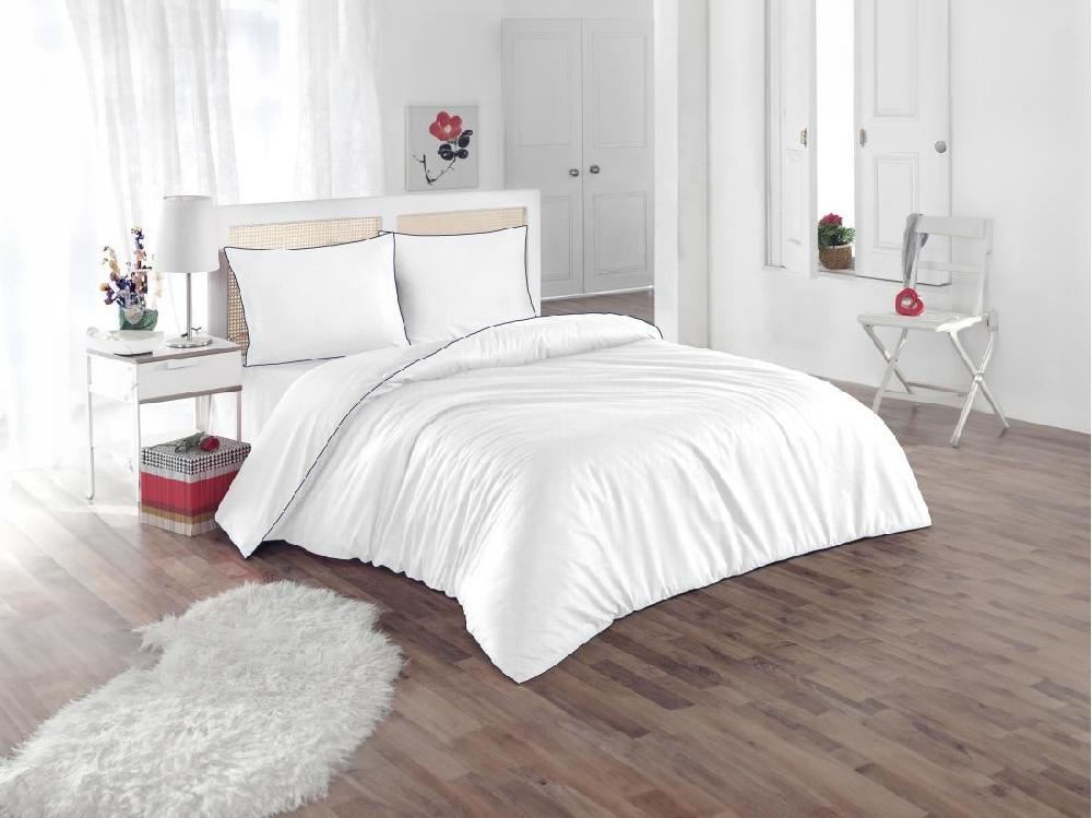 vente unique Parure de lit percale de coton 80 fils/cm² - Housse de couette 220 x 240 cm + 2 taies d'oreiller 63 x 63 cm - Blanc passepoil bleu - AGAMI de PALACIO