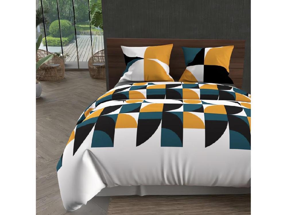 Vente Unique Parure Housse De Couette Microfibre 240x220 Cm RETRO Moutarde Par Intemporel