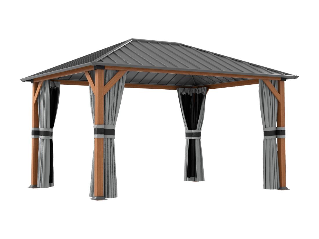 Vente Unique Pavillon De Jardin Structure Alu Aspect Bois Toit Rigide Métal Galvanisé Rideaux Moustiquaires