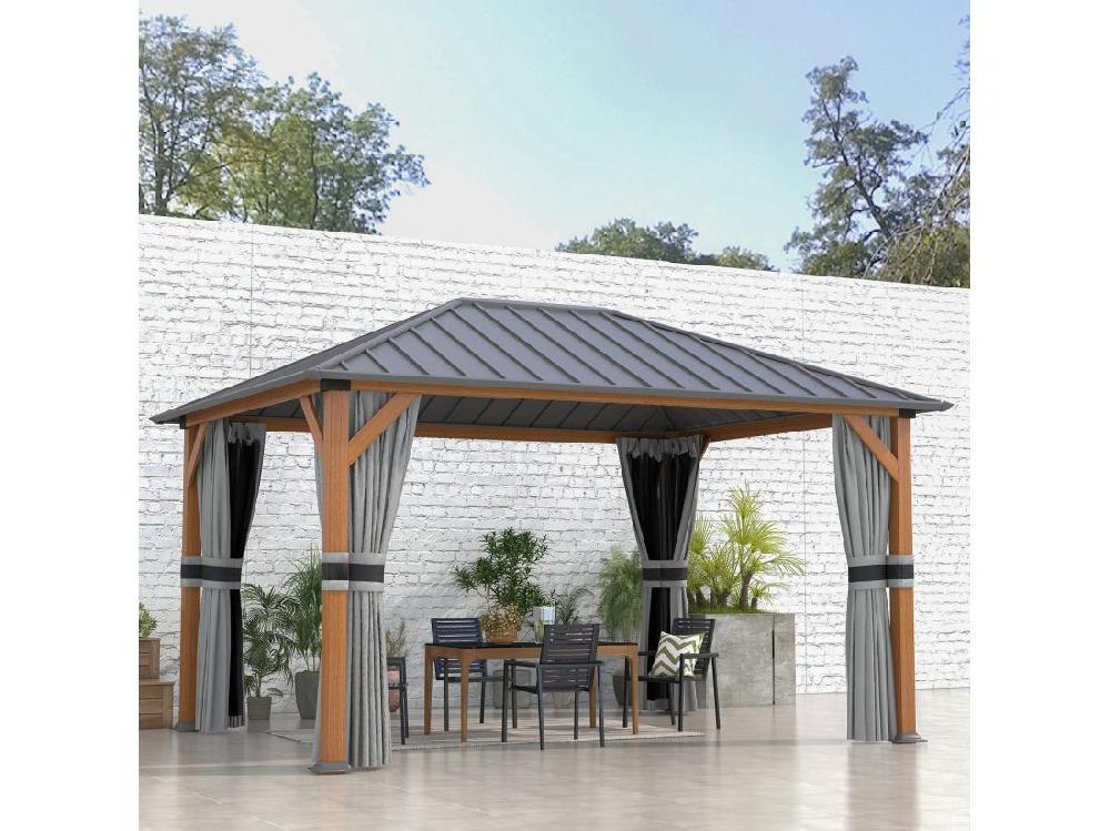 vente unique Pavillon de jardin structure alu aspect bois toit rigide métal galvanisé rideaux moustiquaires