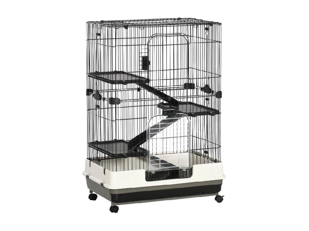 Vente Unique PawHut Cage Pour Cochons D'Inde Chinchilla Rongeur Sur Roulettes - 3 étages Rampes 2 Portes + Trappe Plateau Excrément Amovible - Métal PP Noir Gris