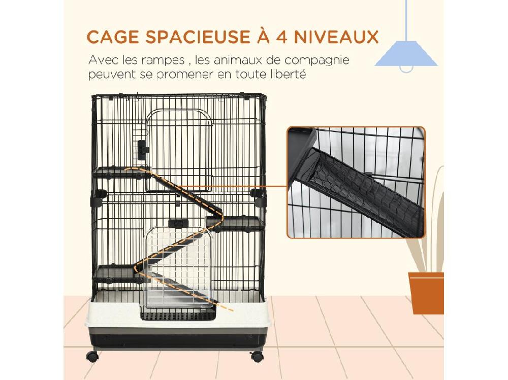 Vente Unique PawHut Cage Pour Cochons D'Inde Chinchilla Rongeur Sur Roulettes - 3 étages Rampes 2 Portes + Trappe Plateau Excrément Amovible - Métal PP Noir Gris