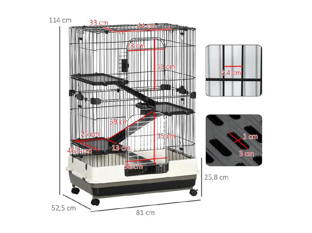 Vente Unique PawHut Cage Pour Cochons D'Inde Chinchilla Rongeur Sur Roulettes - 3 étages Rampes 2 Portes + Trappe Plateau Excrément Amovible - Métal PP Noir Gris