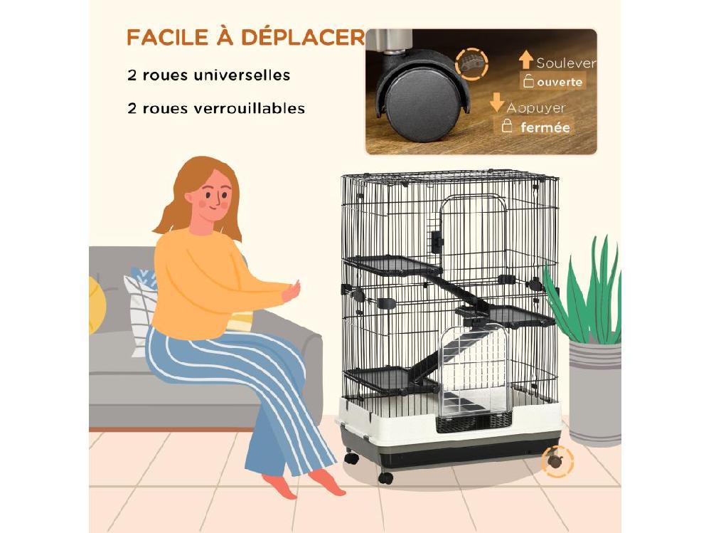 vente unique PawHut Cage pour cochons d'Inde chinchilla rongeur sur roulettes - 3 étages rampes 2 portes + trappe plateau excrément amovible - métal PP noir gris