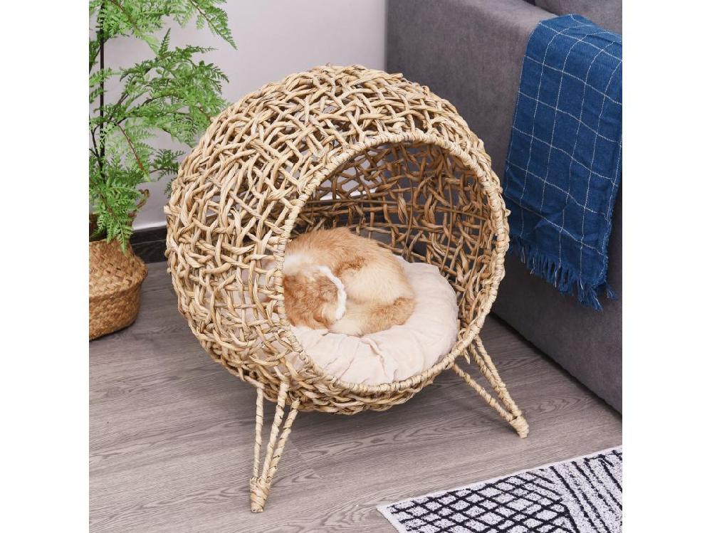 vente unique PawHut Panier chat lit chat cosy grand confort dim. Ø 52 x 58H cm coussin moelleux inclus résine tressée imitation rotin beige