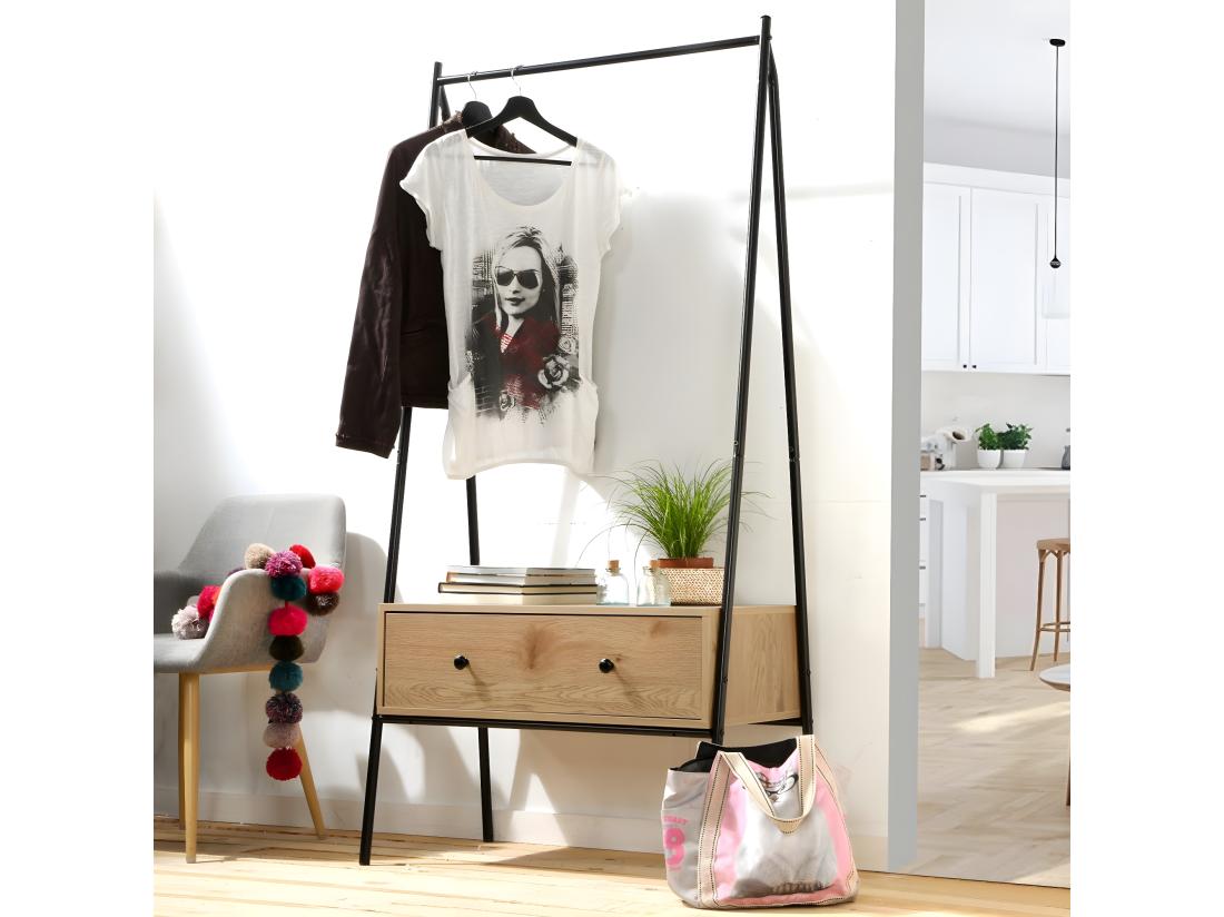 Vente Unique Penderie En Métal Noir Avec 1 Tiroir Décor Chêne H170cm - JILL