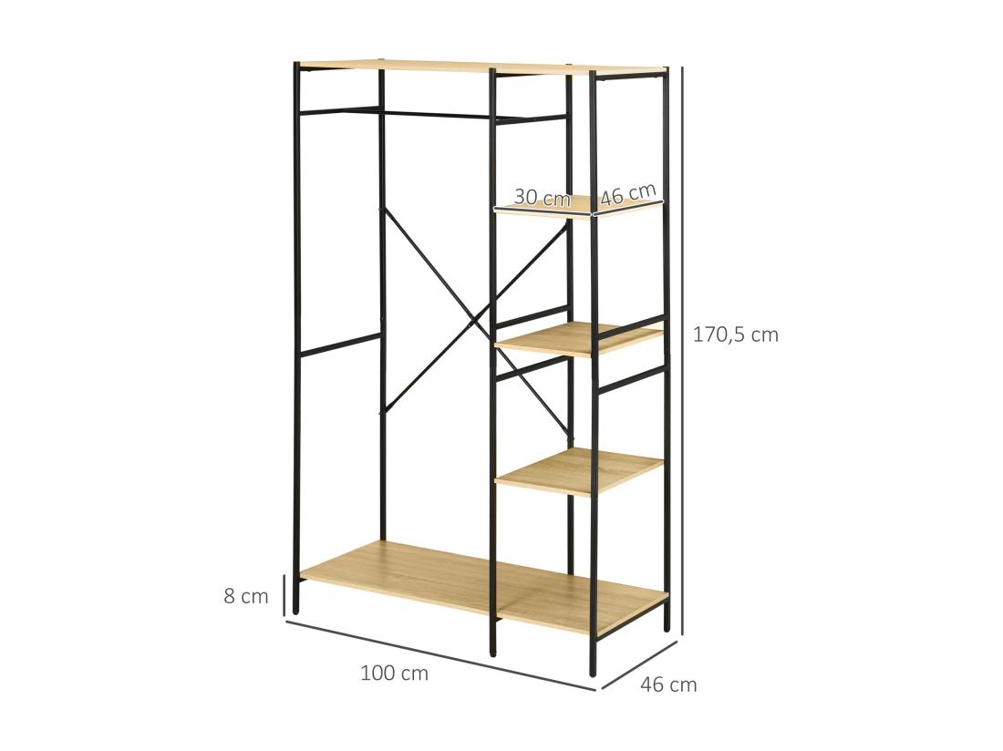 Vente Unique Penderie Portant à Vêtements Style Industriel En Métal Avec Tringle Et 4 étagères - Dim. 100L X 46L X 170 5H Cm - Métal Aspect Chêne Clair