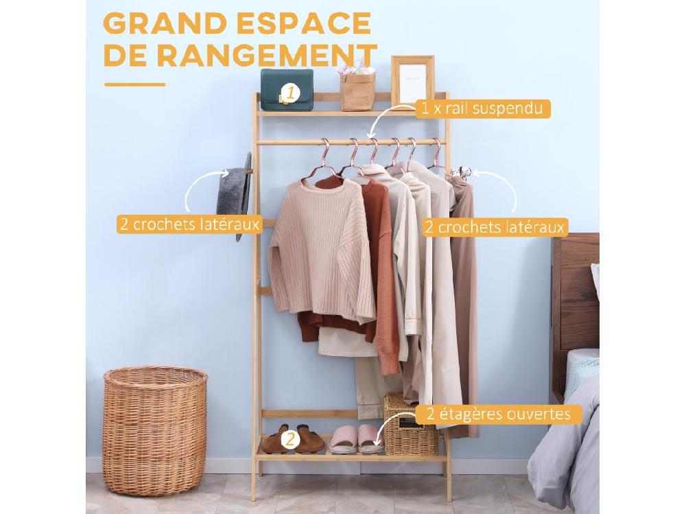 Vente Unique Penderie Porte-manteaux - 2 étagères Espace Penderie 2 Patères - Dim. 82L X 36l X 140H Cm - Bois Bambou